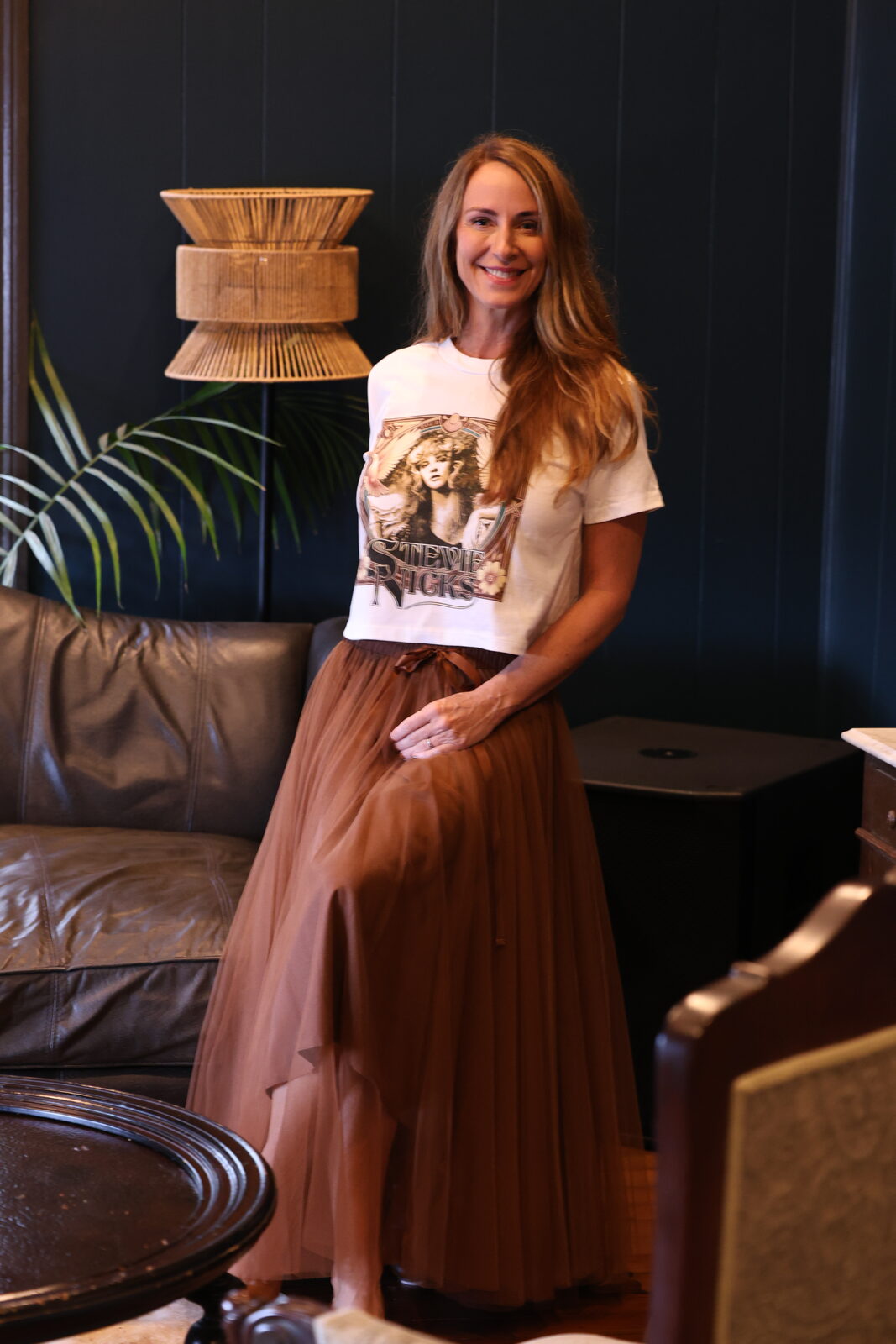 Tracey Abbott at home in a Stevie Nicks t-shirt and tulle skirt